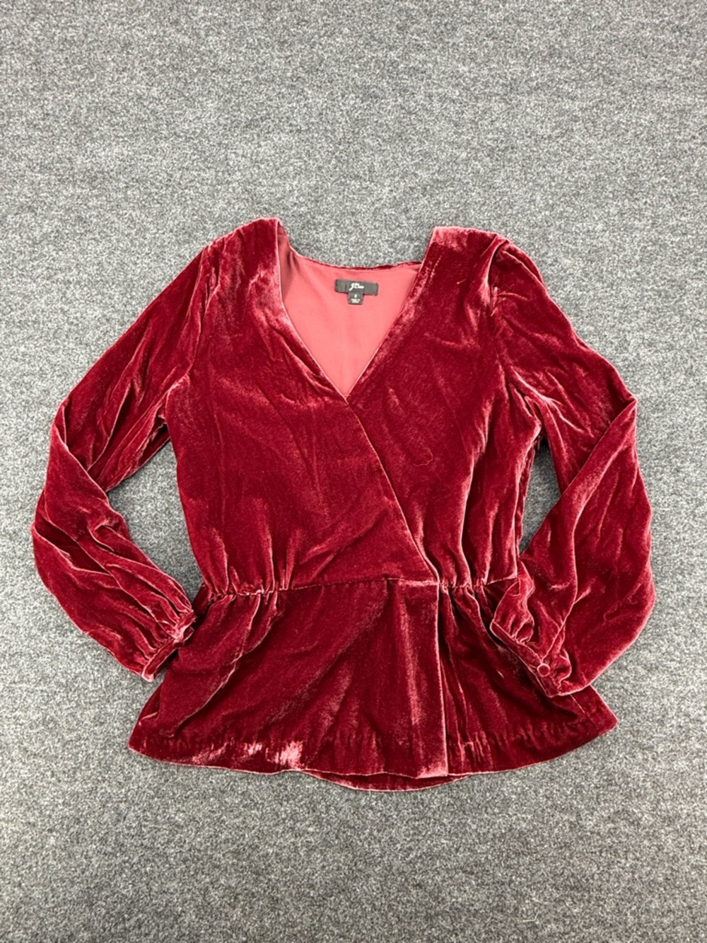 J. Crew Crimson Velvet Wrap Peplum Blouse